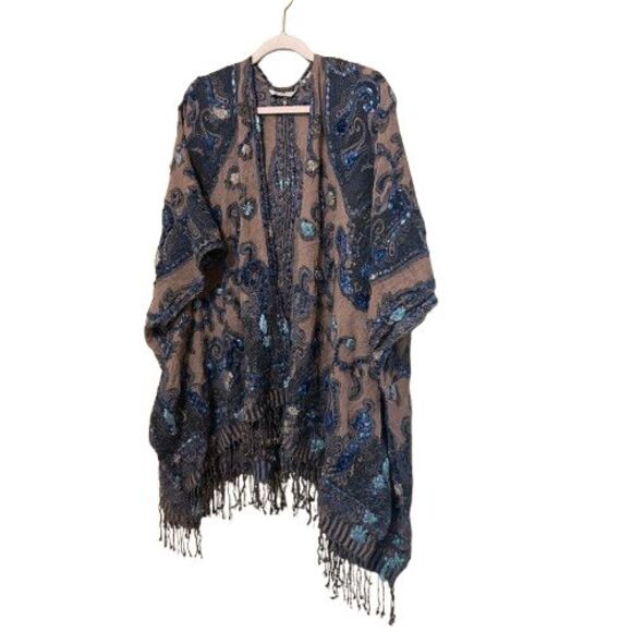 Soft Surroundings Wool Blend Kimono Poncho Wrap O/S Blue Embroidered Yarn Artsy - Picture 2 of 9